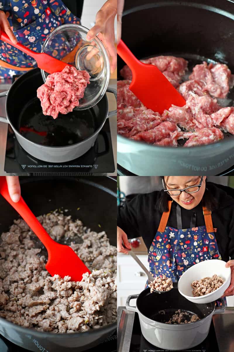Four process shots that show an Asian woman cooking bulk Italian sausage in a gray Dutch oven and transferring it to a plate when it is fully cooked.