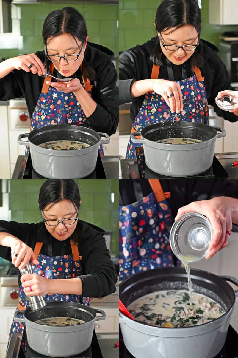 Four shots of an Asian woman tasting and seasoning a pot of Zuppa Toscana.