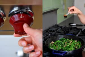 A hand is turning off the heat. On the right, a hand is adding balsamic vinegar to a pan of sautéed spinach
