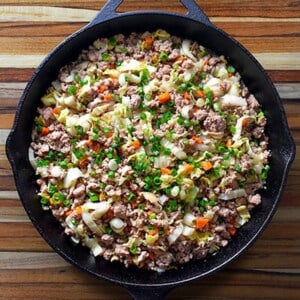 Paleo potsticker stir-fry in a frying pan