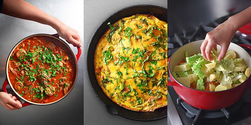 A picture of Sunday Gravy, a frittata ,and some vegetables in a pot.