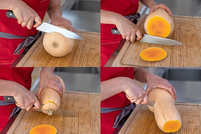 A four-picture shot of someone cutting a butternut squash. Cut the two ends off with a chef's knife and then use a paring knife to cut it in half crosswise.