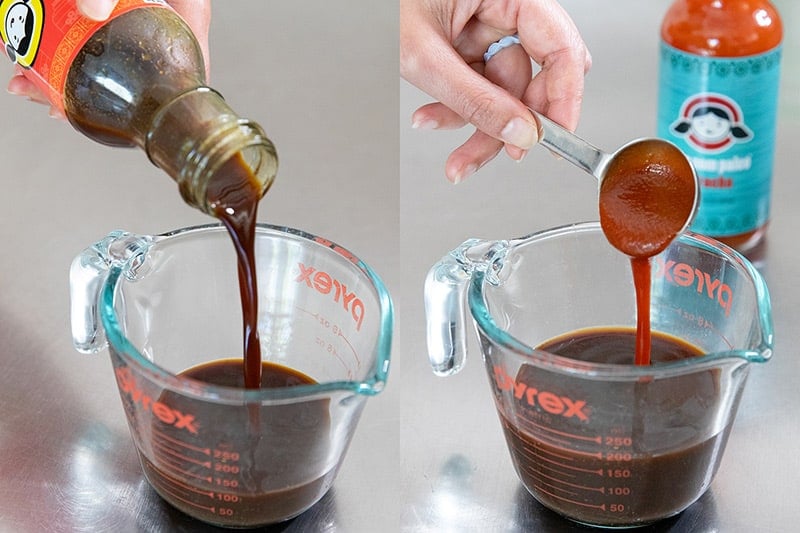 Measuring out Nom Nom Paleo All-Purpose Stir-Fry Sauce and Whole30 Sriracha for easy Chinese Chicken Wings