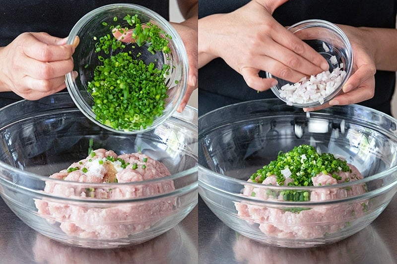 Adding the scallions and diced shallots to the Whole30 tsukune chicken meatball mixture.