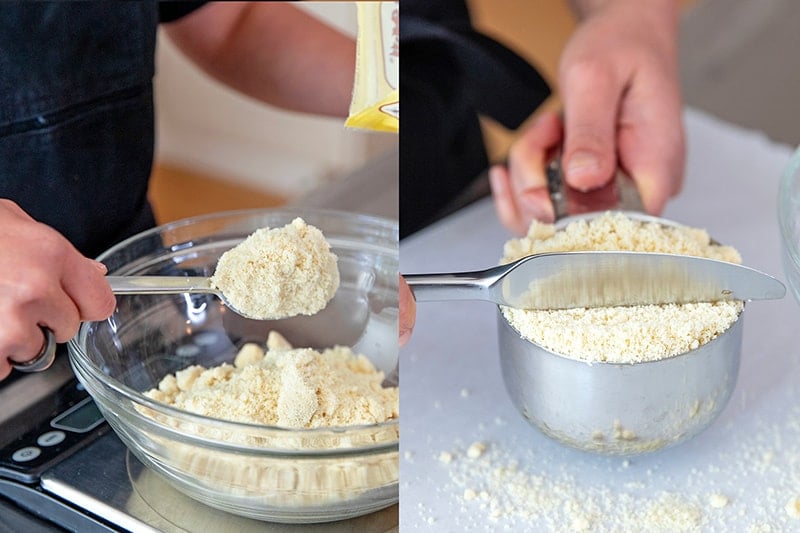 On the left, someone is weighing out almond flour on a kitchen scale. On the right, someone is measuring the almond flour in a measuring cup.