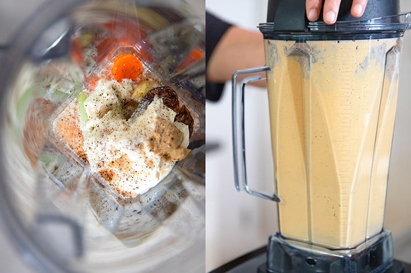 An overhead shot of the tangy carrot ginger dressing for red cabbage slaw in an open Vitamix blender. The picture on the right is a side shot of a Vitamix blending up the dressing