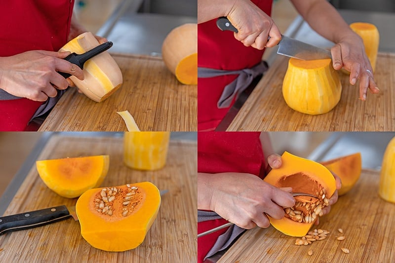 Four pictures that show the steps on how two peel and deseed a butternut squash.