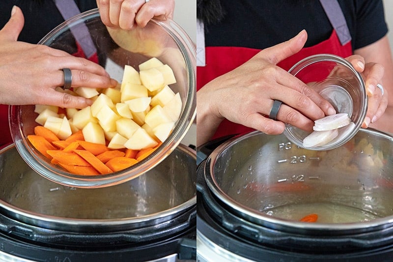 Adding potatoes, carrots, and shallots into an Instant Pot to make paleo Instant Pot Asian soup