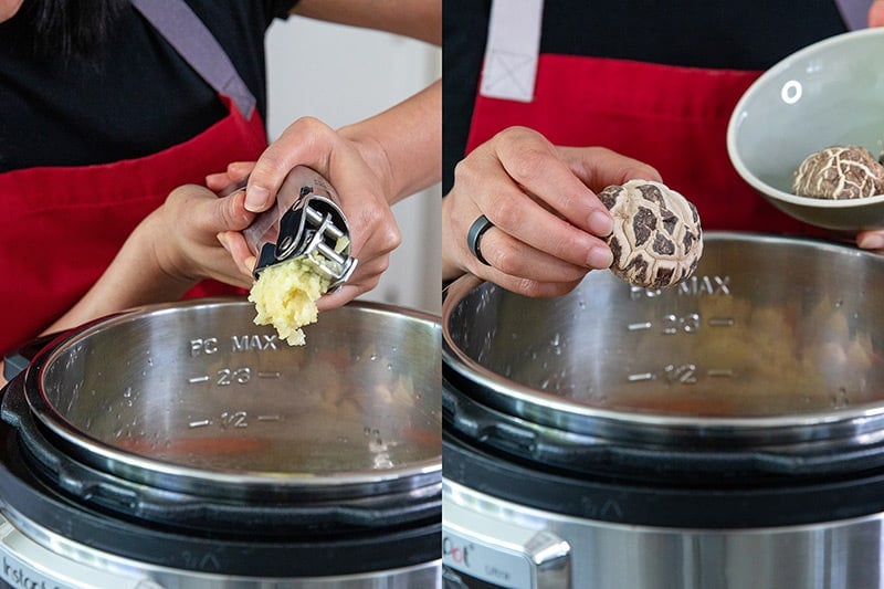 Adding minced garlic and dried shiitake mushrooms into the Instant Pot to make healthy Chinese soup.