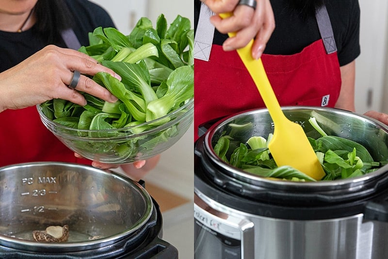 Stirring in baby boy chow into an Instant Pot Vegetable Soup