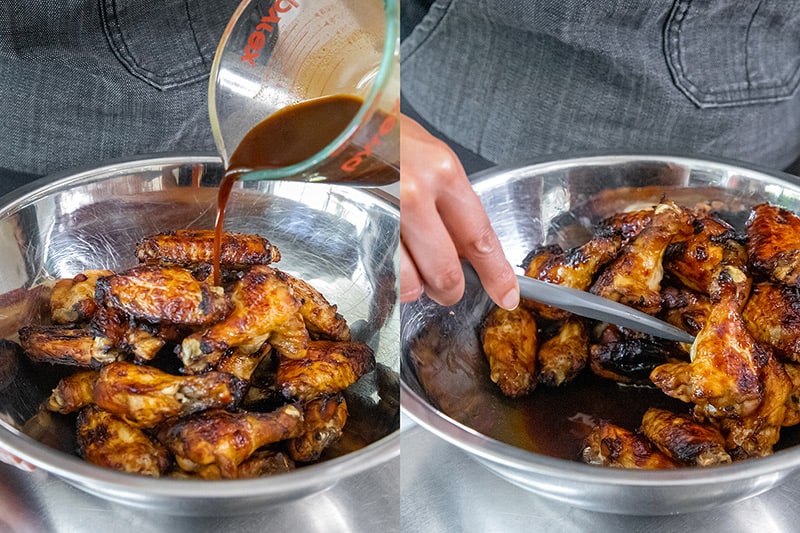 Pouring reserved Whole30 marinade on the gluten-free Chinese Chicken Wings