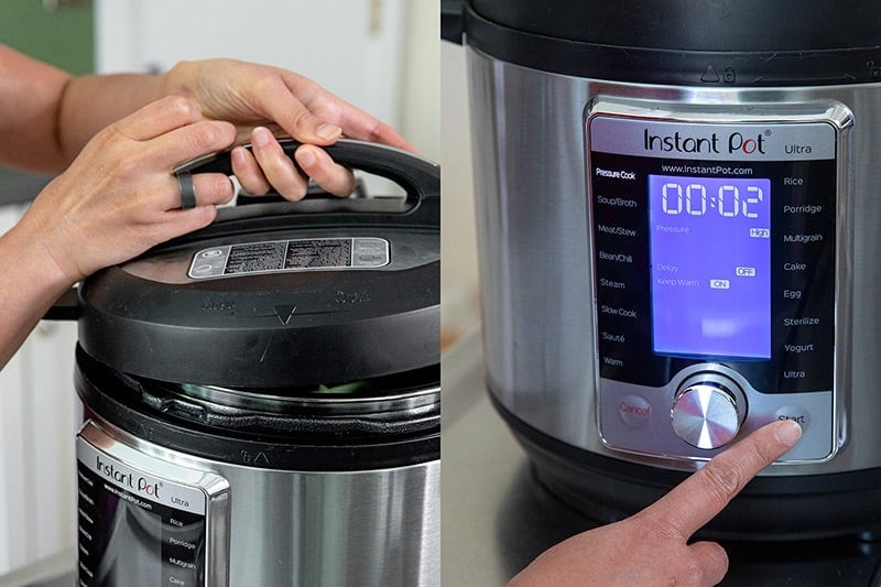 Locking the lid on an Instant Pot to cook Whole30 Vegetable soup for 2 minutes under high pressure.