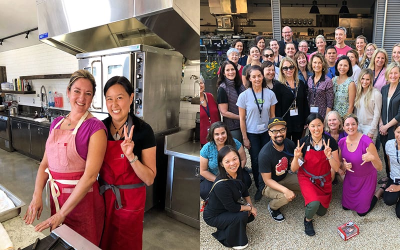 Photos of people smiling and cooking together.