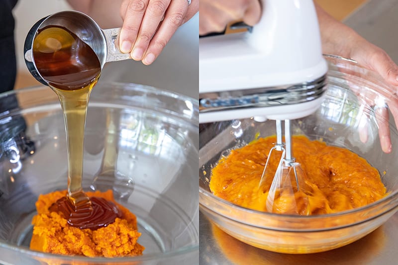 Measuring out the wet ingredients for paleo pumpkin muffins and then mixing it together with a hand mixer.