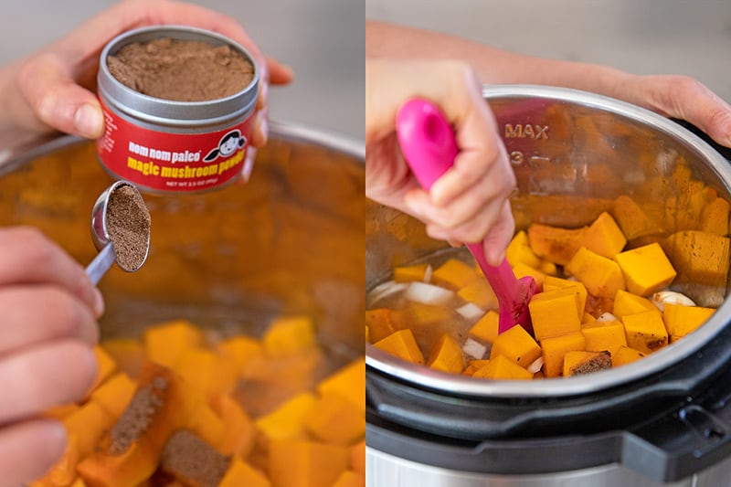 A person is adding Magic Mushroom Powder to an Instant Pot filled with broth and butternut squash. 