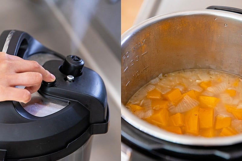 Someone releasing the pressure manually from an Instant Pot. An overhead shot of Instant Pot butternut soup before it is blended.