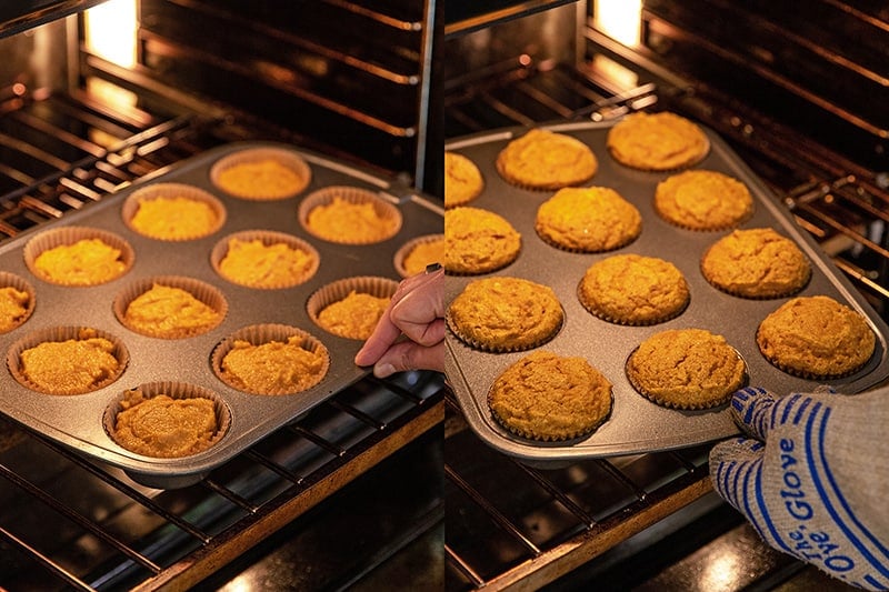 Baking the paleo pumpkin muffins in the oven and rotating them at the halfway point.