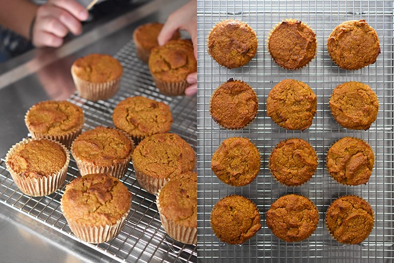 A shot of the cooked paleo pumpkin muffins on a cooling rack.