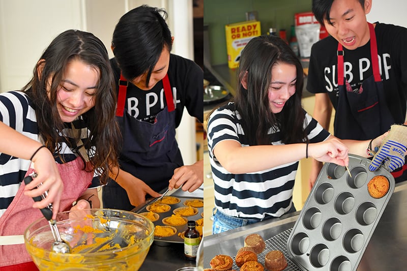 A teenage girl and boy are scooping paleo pumpkin muffin batter into the muffin tins and the next picture has them transferring the cooked muffins to a cooling rack.