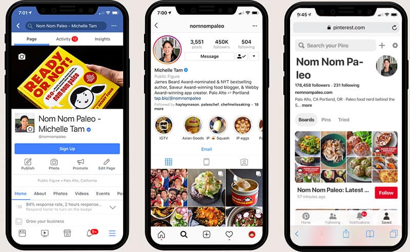 Three iPhone X are showing Nom Nom Paleo on the Facebook app, Instagram app, and Pinterest app.