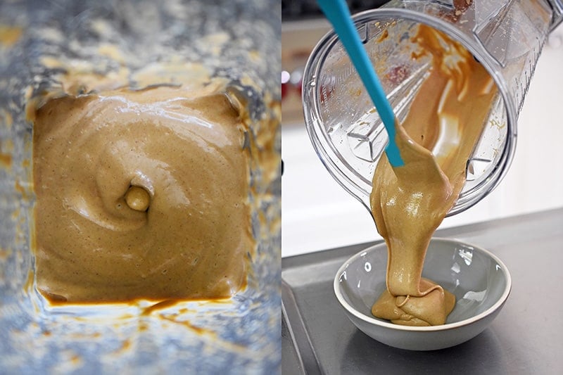An overhead shot of the Hoisin No-Nut Sauce in the blender. The final sauce is thick, like runny peanut butter.