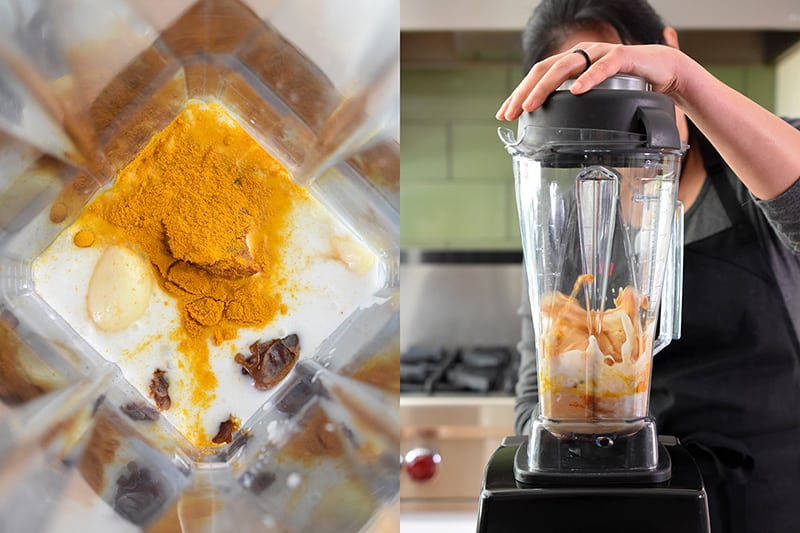 A shot of a woman making the paleo chicken satay marinade in a Vitamix.