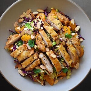 An overhead shot of Whole30-friendly Chinese Chicken Salad.