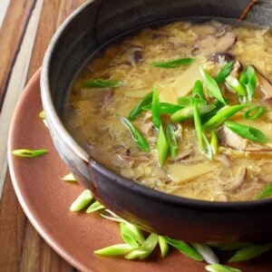A closeup of paleo hot and sour soup in a bowl ready to be served.