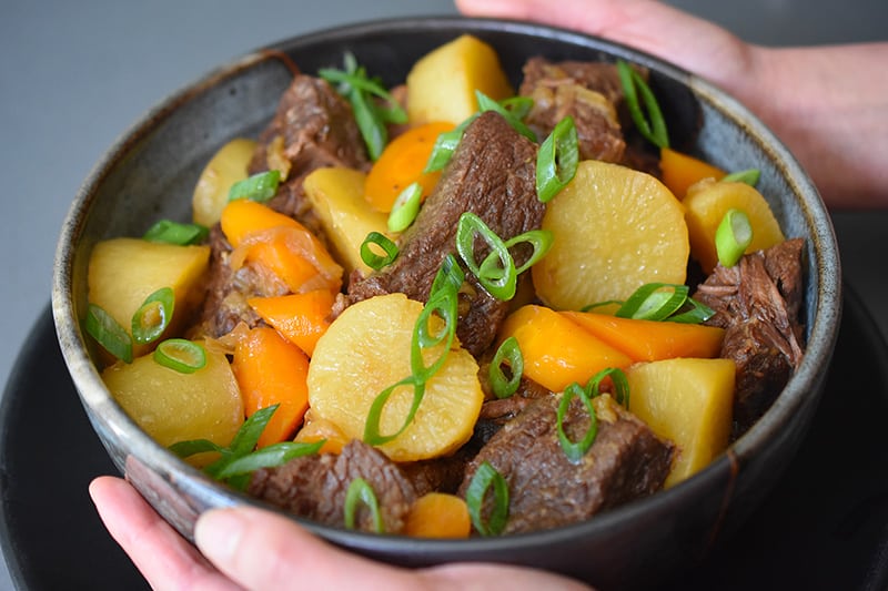 Two hands are holding a bowl of Instant Pot Chinese Beef Stew