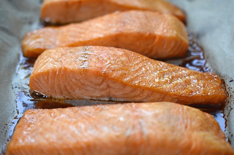 A closeup shot of easy teriyaki salmon right out of the oven.