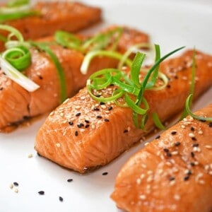 A platter of Easy Teriyaki Salmon, a simple Whole30, paleo, gluten-free weeknight dinner!