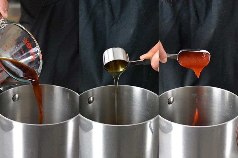 Adding coconut aminos, honey, and sriracha to a small saucepan to make the sauce for the Asian Sticky Wings.