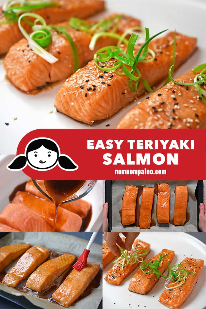 A collage of the cooking steps to make Easy Teriyaki Salmon, a healthy Whole30 seafood dish.