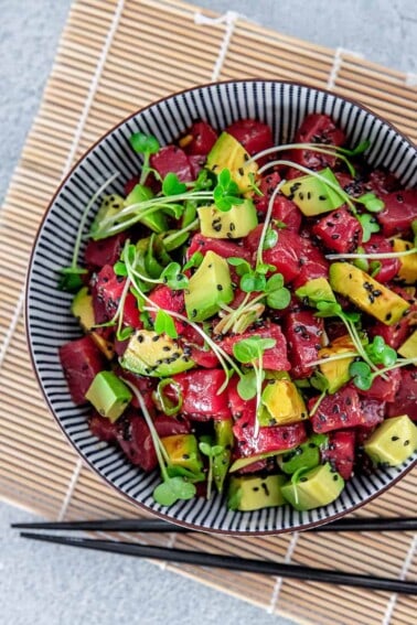 An overhead shot of a big bowl of paleo tuna poke with avocado.