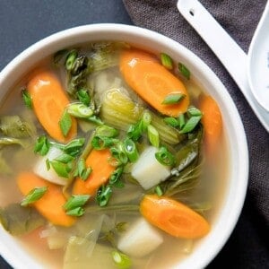 Overhead shot of a bowl of Instant Pot Vegetable Soup, a Whole30-friendly vegetable side!