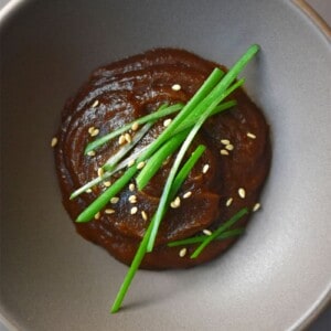 An overhead shot of a dish filled with paleo hoisin sauce topped with sesame seeds and chives