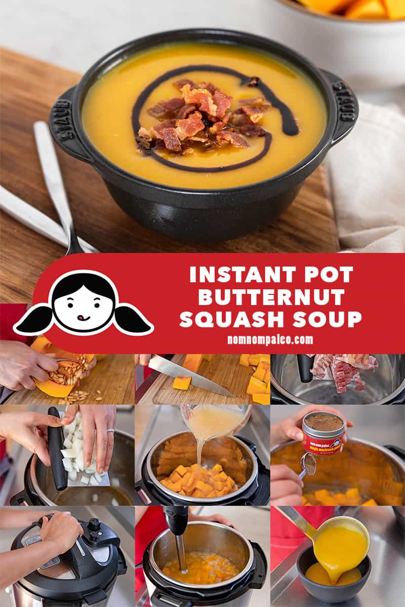 A collage of the cooking steps to make Whole30 and paleo Instant pot butternut squash soup.