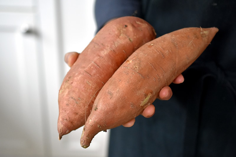 A hand holding two unpeeled garnet sweet potatoes.