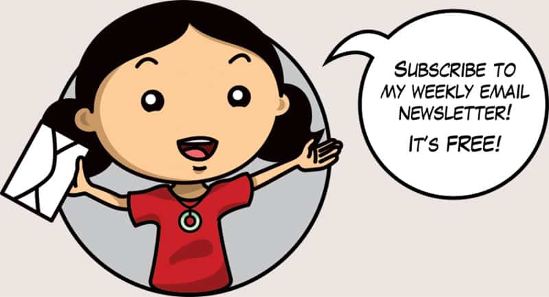A cartoon of Michelle Tam of Nom Nom Paleo holding an envelope and saying "Subscribe to my weekly email newsletter! It's free!"