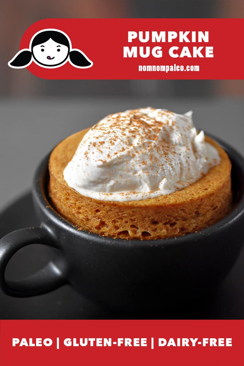 A paleo and gluten-free pumpkin mug cake topped with coconut cream in a black coffee mug. The red banner says it is paleo, gluten free, and grain free.