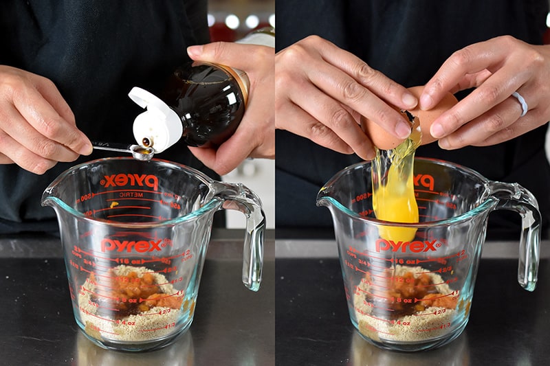 Two shots of someone adding vanilla extract and an egg to the liquid measuring cup filled with the ingredients for paleo and gluten-free pumpkin mug cake.