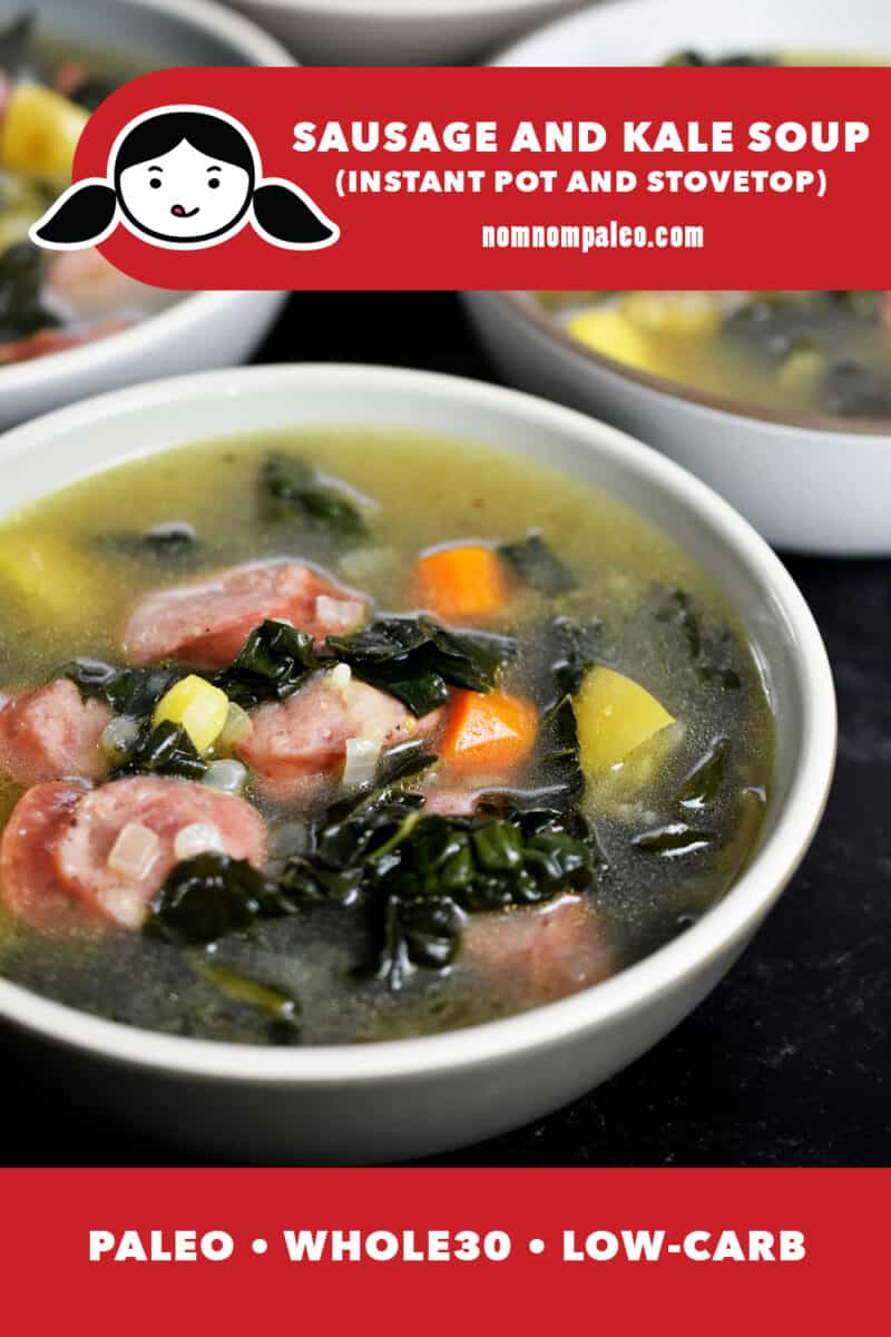 A shot of three bowls of sausage and kale soup. There's a red banner at the bottom that reads paleo, Whole30, and low carb.