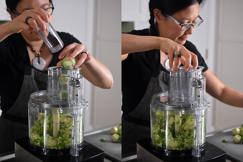 Shredding whole Brussels sprouts with the slicing attachment on a food processor.
