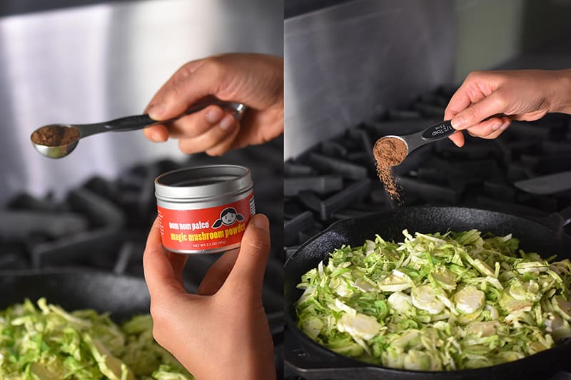 Seasoning the Brussels sprouts with Nom Nom Paleo's Magic Mushroom Powder. 
