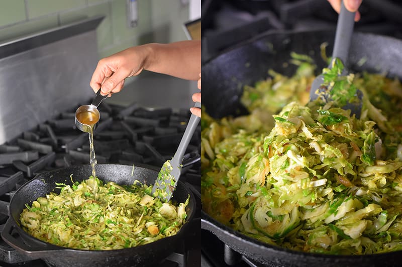 Apple cider vinegar is added and stirred into the Brussels sprouts off the heat.