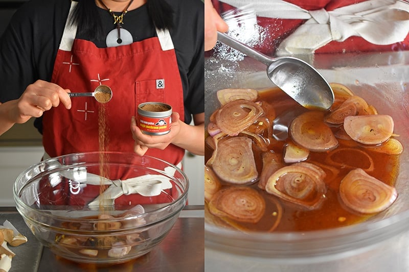 Making the marinade for Sheet Pan Chicken and Mushrooms by adding Magic Mushroom Powder and sliced shallots to the liquid ingredients. 