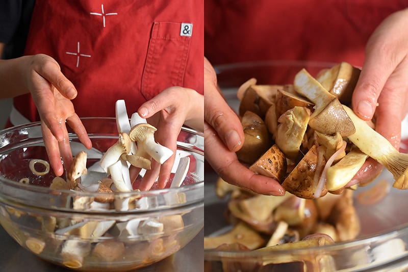 Toss in the sliced mushrooms into the marinade left in the bowl.