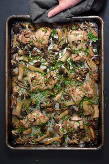 An overhead shot of Sheet Pan Chicken and Mushrooms