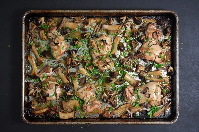 An overhead shot of Sheet Pan Chicken and Mushrooms ready to eat!