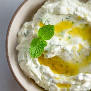An overhead shot of a bowl of low carb and keto vegan tzatziki sauce.